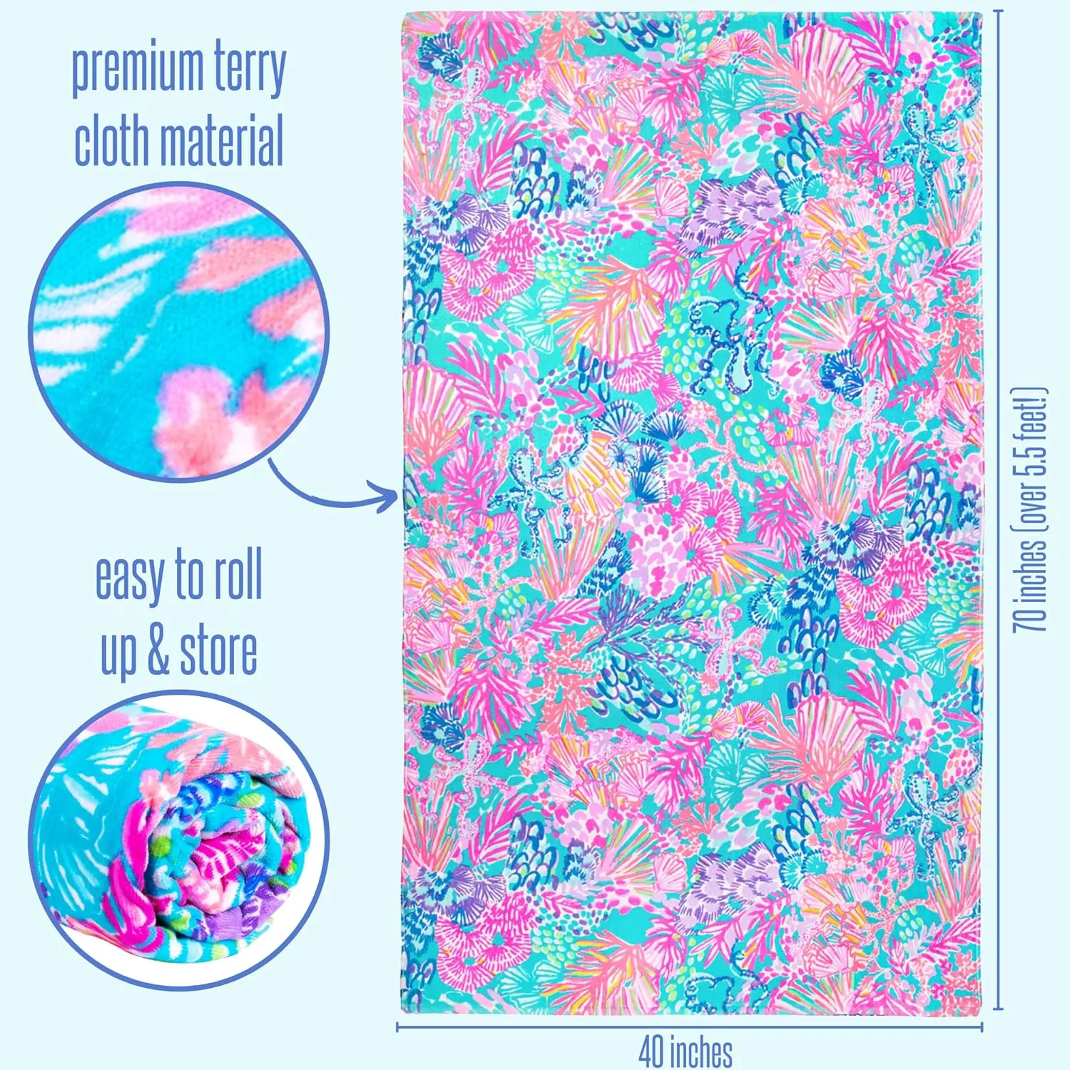Lilly Pulitzer Oversized Pool/Beach Towel, 40 x 70, Large Terry Cloth Towel for Adults, Splendor in The Sand
