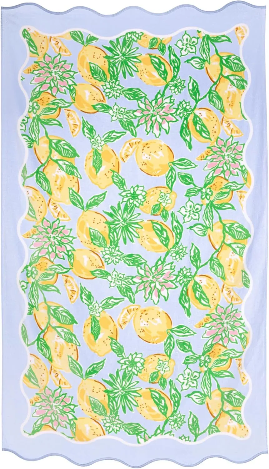 Lilly Pulitzer Oversized Pool/Beach Towel, 40 x 72, Large Cotton Towel with Scalloped Edges for Adults, Yellow/Green Lemon Print, Make Lemonade