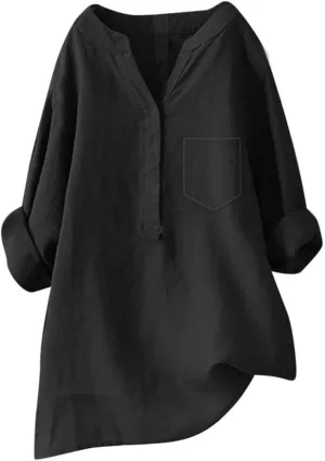 Linen Button Down Shirts for Women 2025 3/4 Sleeve V Neck Tshirts Casual Loose Tunic Tops Plus Size Beach Blouses