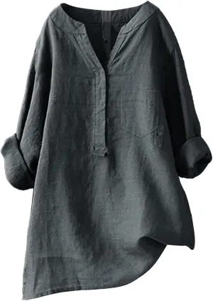 Linen Button Down Shirts for Women 2025 3/4 Sleeve V Neck Tshirts Casual Loose Tunic Tops Plus Size Beach Blouses