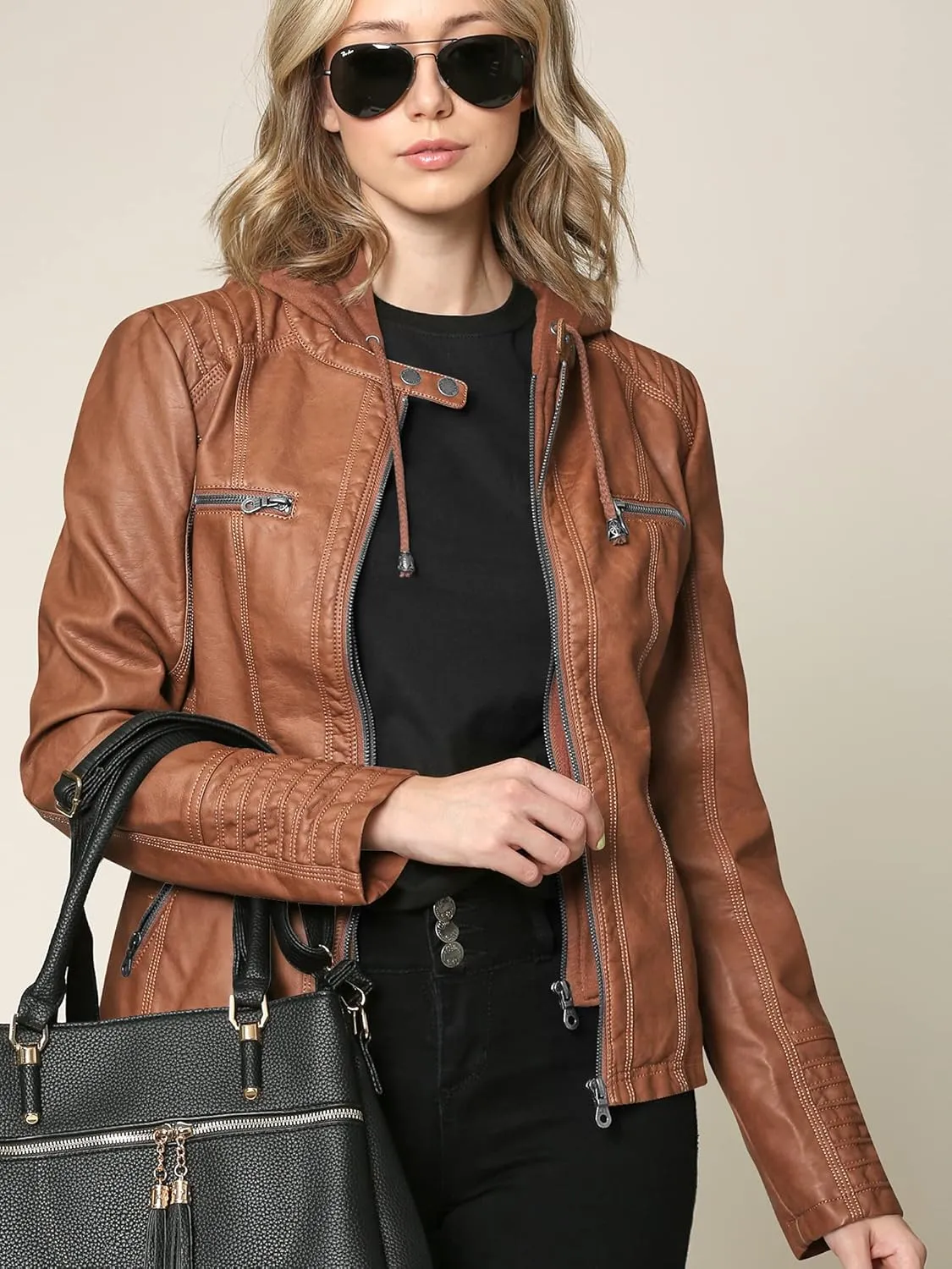Lock and Love Women's Faux Leather Moto Biker Jacket Coat with Removable or Non-Removable Hood