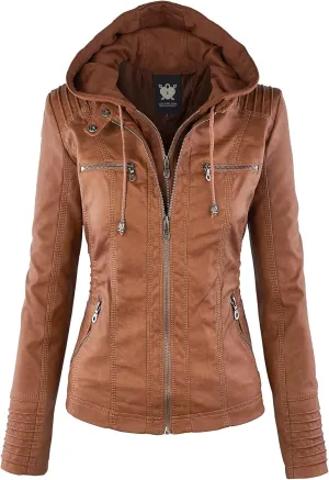 Lock and Love Women's Faux Leather Moto Biker Jacket Coat with Removable or Non-Removable Hood