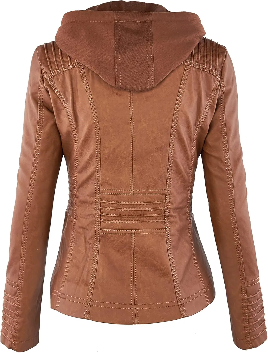 Lock and Love Women's Faux Leather Moto Biker Jacket Coat with Removable or Non-Removable Hood