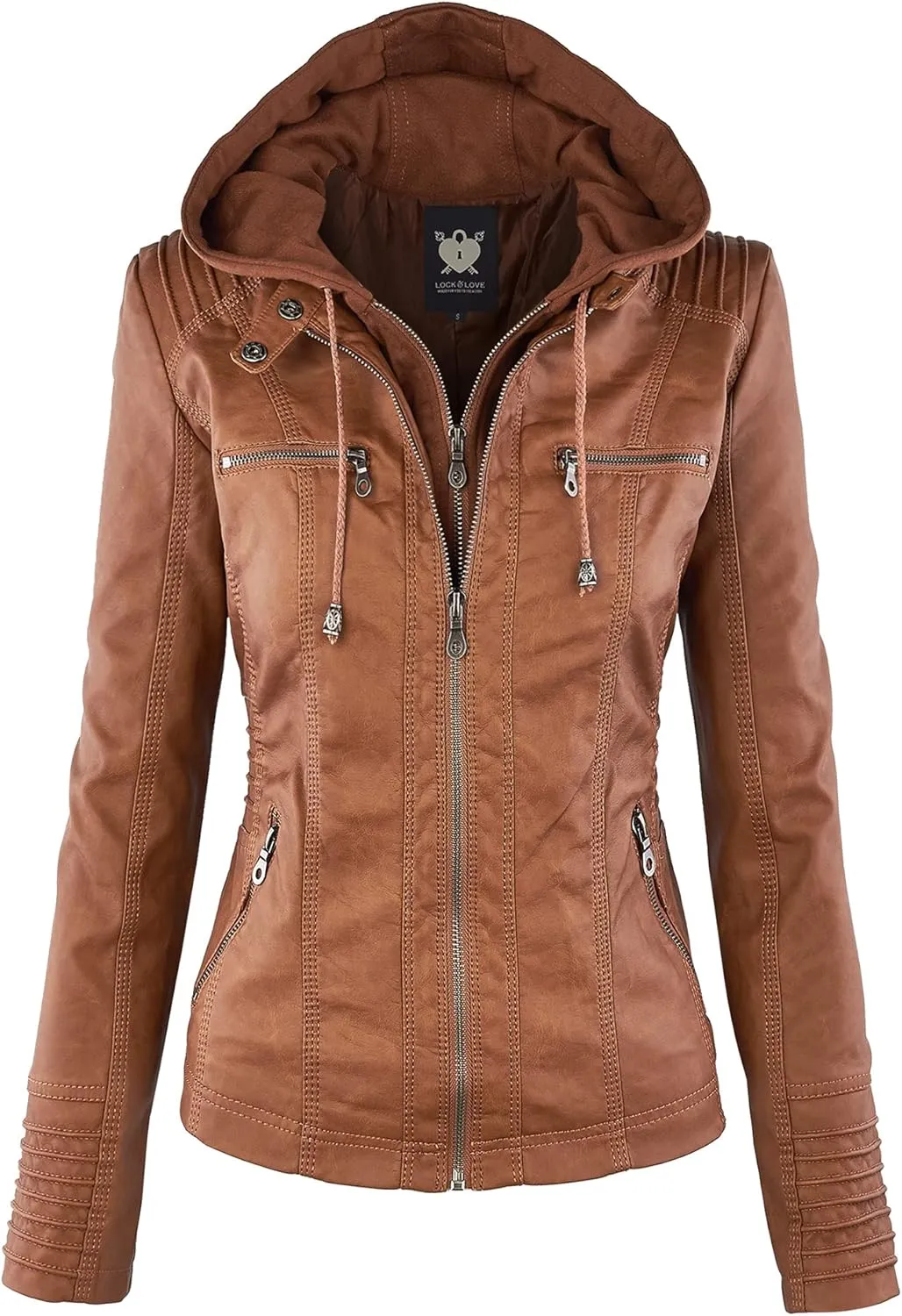 Lock and Love Women's Faux Leather Moto Biker Jacket Coat with Removable or Non-Removable Hood