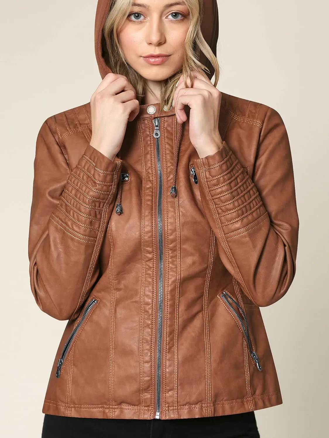 Lock and Love Women's Faux Leather Moto Biker Jacket Coat with Removable or Non-Removable Hood