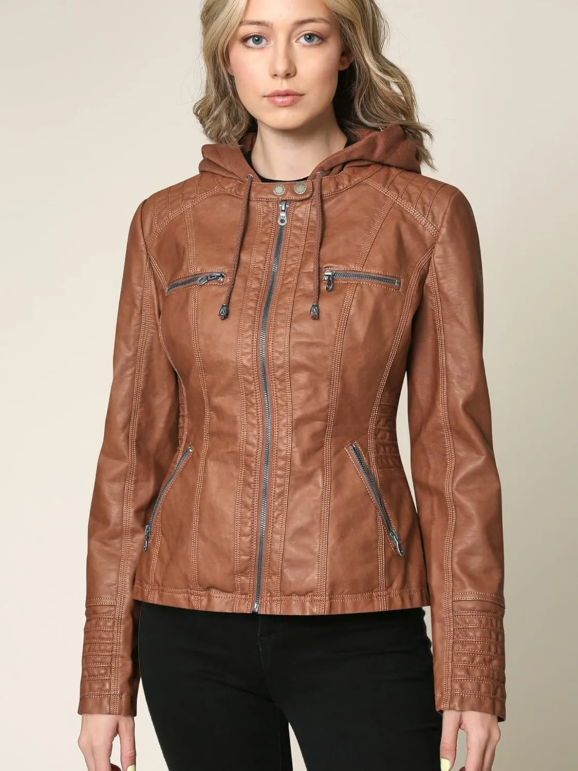 Lock and Love Women's Faux Leather Moto Biker Jacket Coat with Removable or Non-Removable Hood