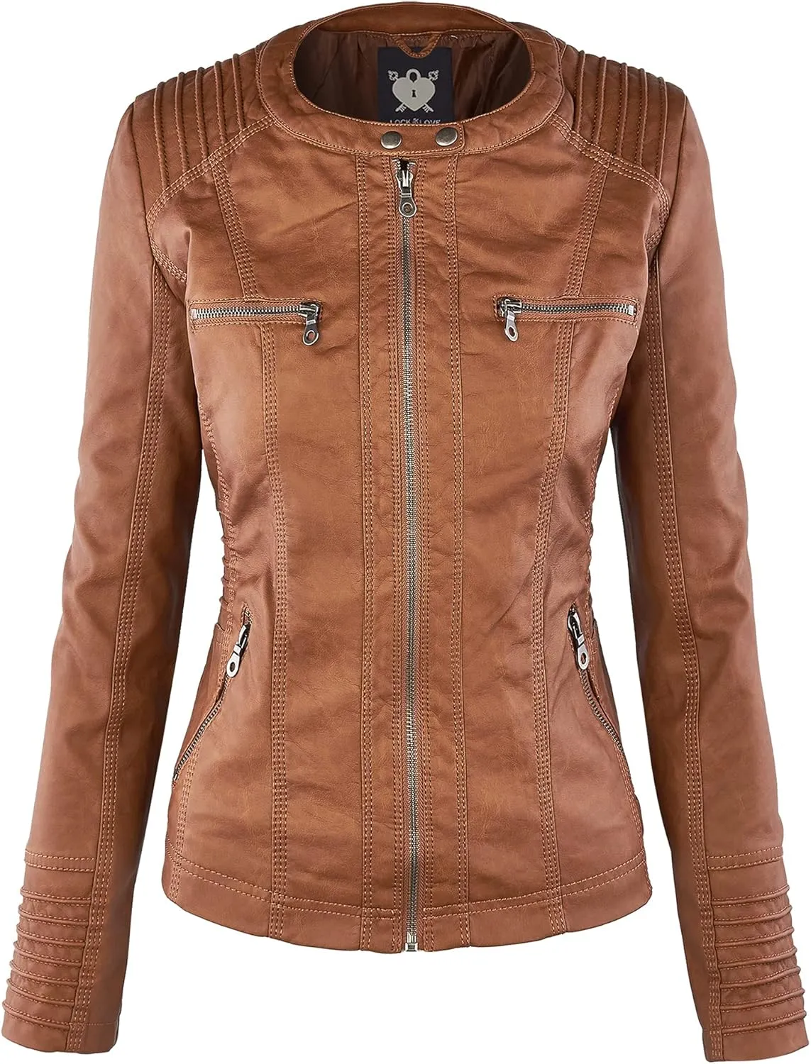 Lock and Love Women's Faux Leather Moto Biker Jacket Coat with Removable or Non-Removable Hood