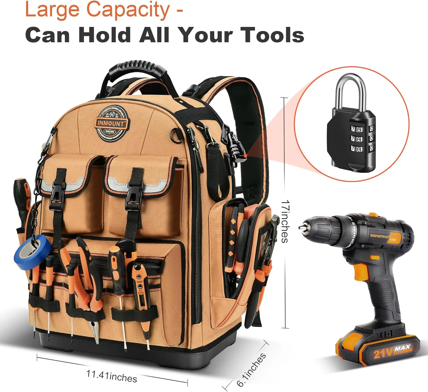 LOKASS Backpack Tool Bag Tool Backpack Heavy Duty Tool Organizer, Water-resistant HVAC Tool Backpack Electrician Tool Box with Molded Base Tan Brown