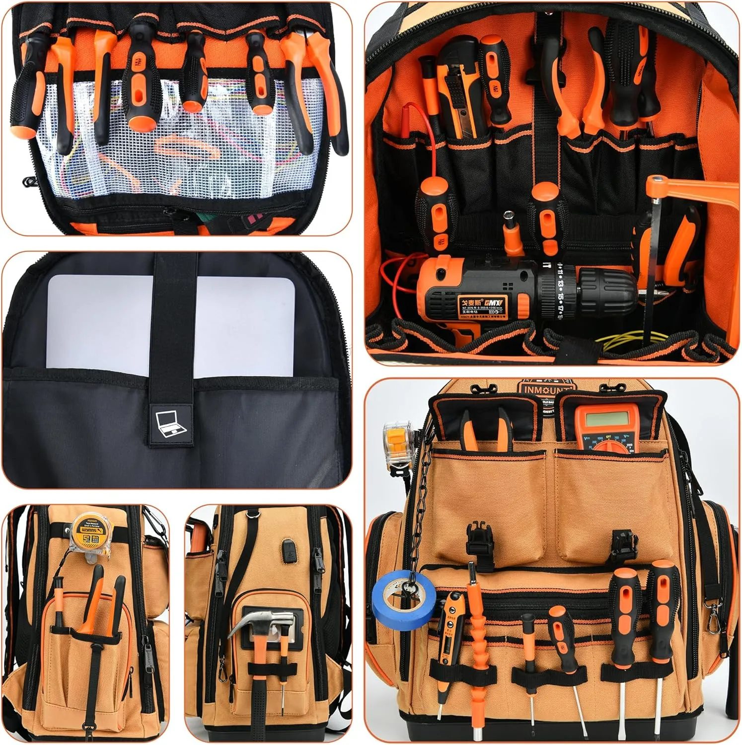 LOKASS Backpack Tool Bag Tool Backpack Heavy Duty Tool Organizer, Water-resistant HVAC Tool Backpack Electrician Tool Box with Molded Base Tan Brown
