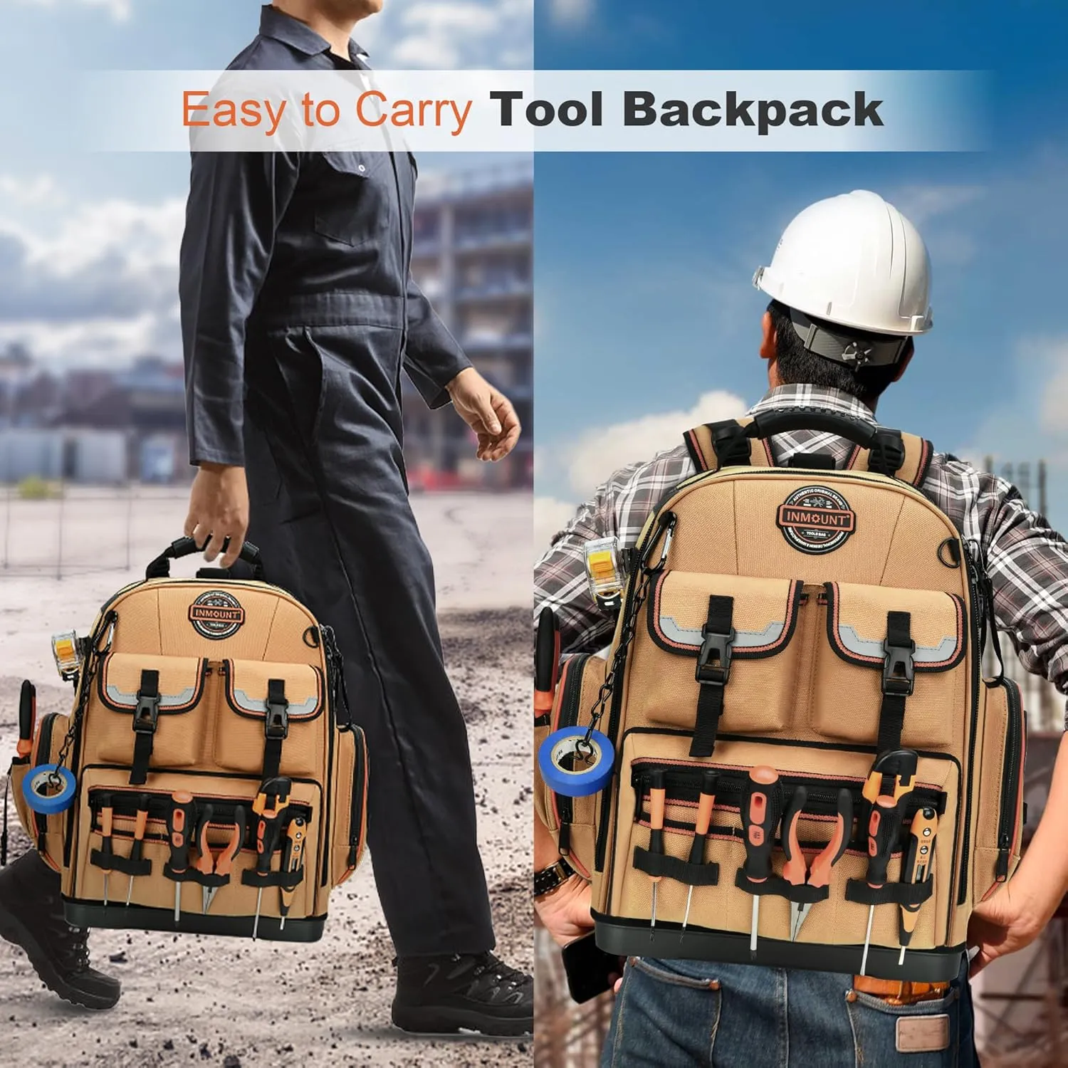 LOKASS Backpack Tool Bag Tool Backpack Heavy Duty Tool Organizer, Water-resistant HVAC Tool Backpack Electrician Tool Box with Molded Base Tan Brown