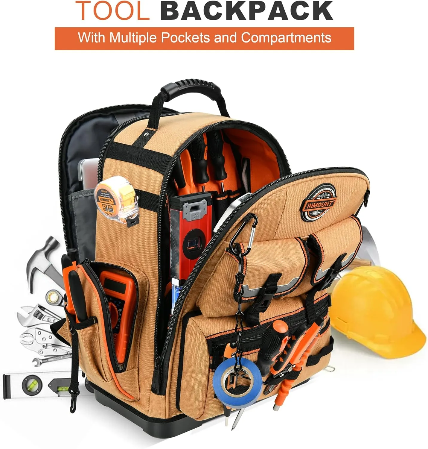 LOKASS Backpack Tool Bag Tool Backpack Heavy Duty Tool Organizer, Water-resistant HVAC Tool Backpack Electrician Tool Box with Molded Base Tan Brown