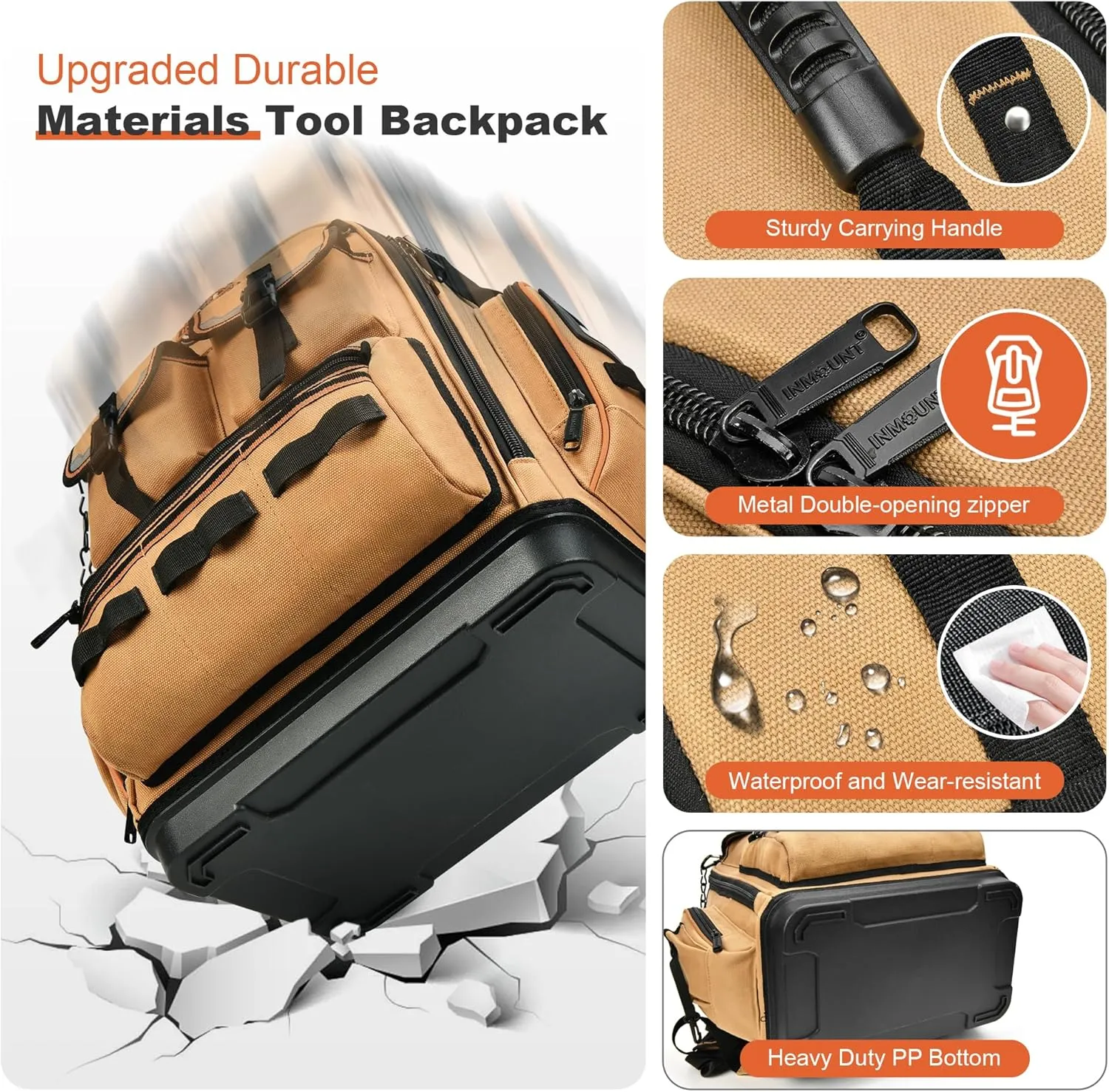 LOKASS Backpack Tool Bag Tool Backpack Heavy Duty Tool Organizer, Water-resistant HVAC Tool Backpack Electrician Tool Box with Molded Base Tan Brown