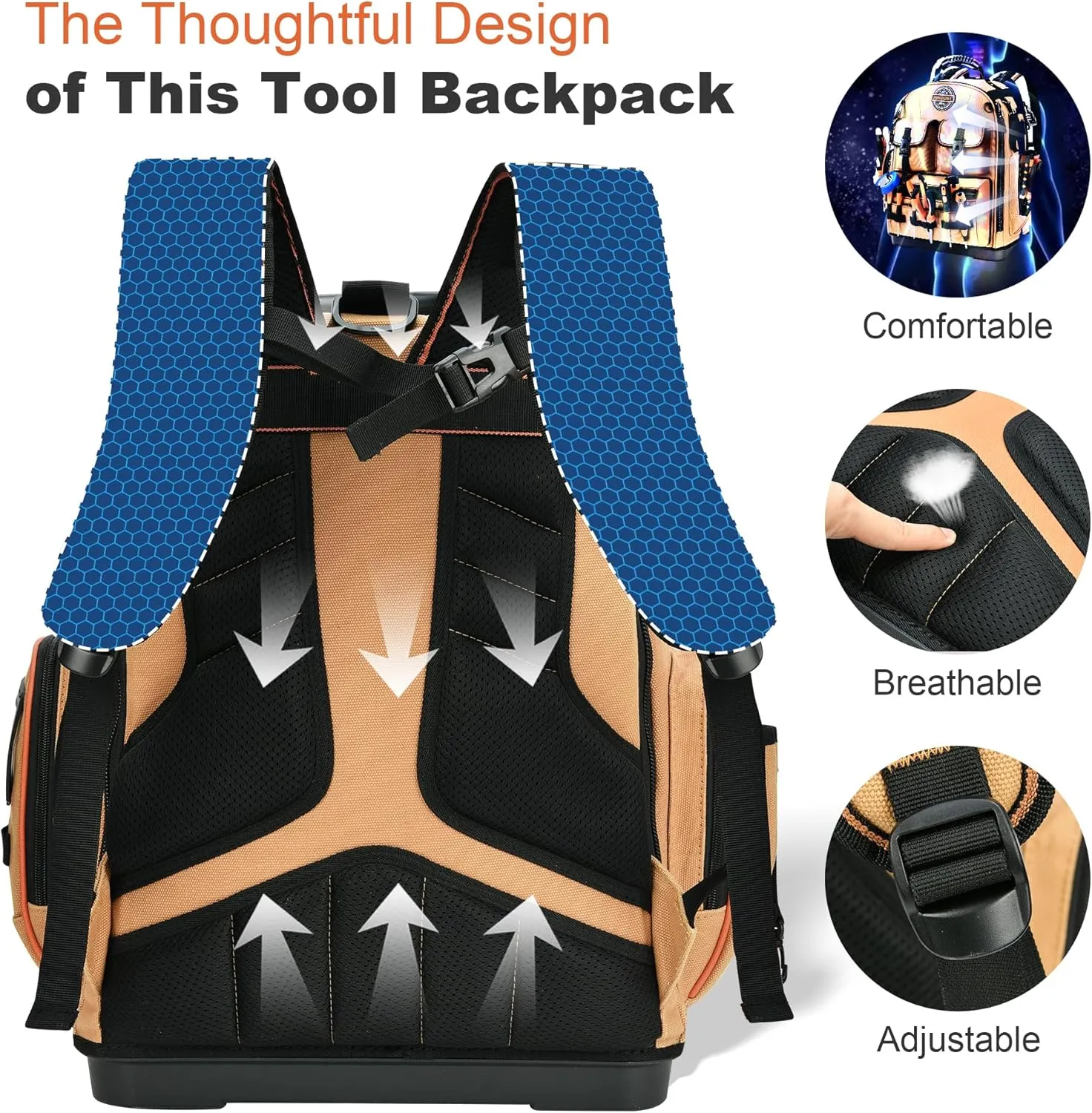 LOKASS Backpack Tool Bag Tool Backpack Heavy Duty Tool Organizer, Water-resistant HVAC Tool Backpack Electrician Tool Box with Molded Base Tan Brown