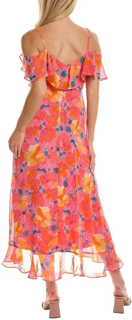 London Times Women's Petite Spaghetti Strap Faux Wrap Maxi Dress with Ruffle Cold Shoulder