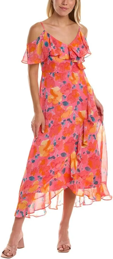 London Times Women's Petite Spaghetti Strap Faux Wrap Maxi Dress with Ruffle Cold Shoulder