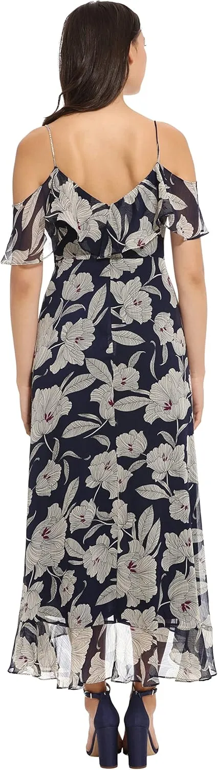 London Times Women's Plus Size Ruffle Cold Shoulder Hi-Low Dress