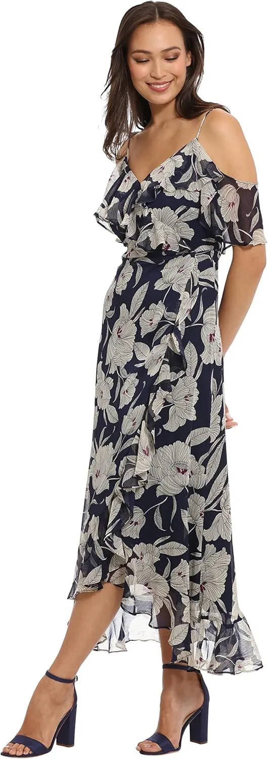 London Times Women's Plus Size Ruffle Cold Shoulder Hi-Low Dress