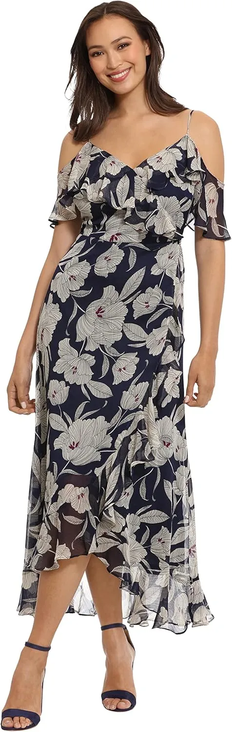 London Times Women's Plus Size Ruffle Cold Shoulder Hi-Low Dress