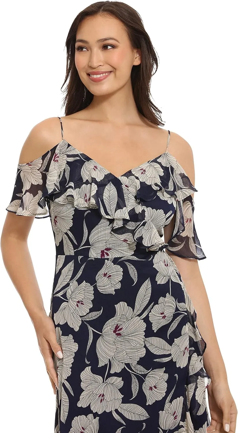London Times Women's Plus Size Ruffle Cold Shoulder Hi-Low Dress