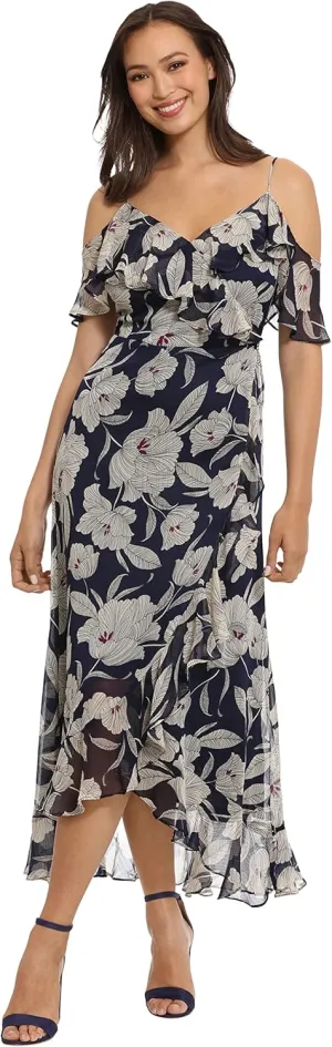 London Times Women's Plus Size Ruffle Cold Shoulder Hi-Low Dress