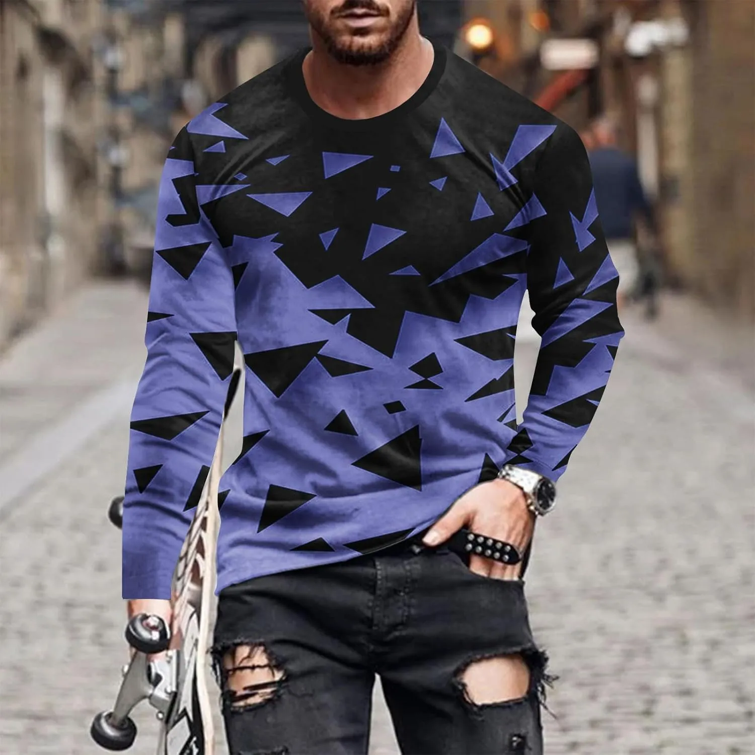 Long Sleeve Shirts for Men Funny 3D Print Graphic Tee Shirts Big and Tall Workout Tee Tops Casual Crewneck Sweatshirt