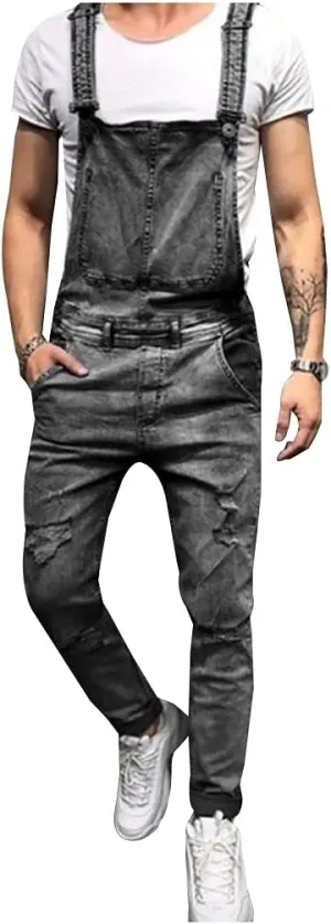 LONGBIDA Men's Denim Bib Overalls Fashion Slim Fit Jumpsuit with Pockets