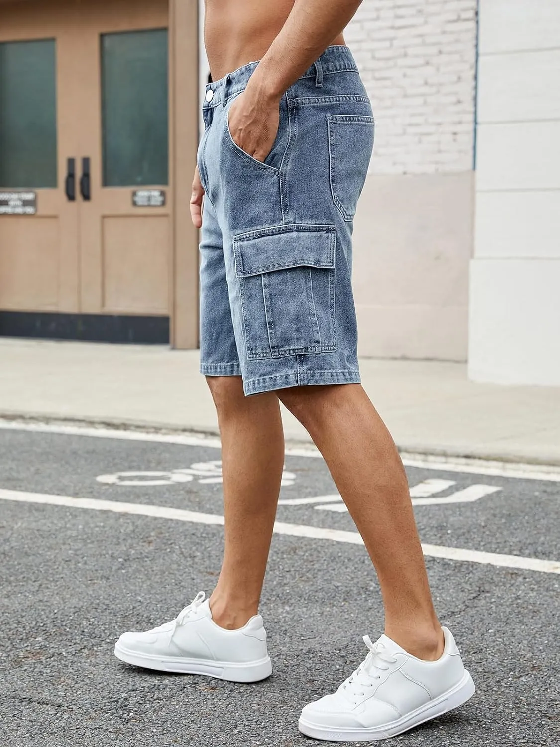 LONGBIDA Men's Loose Fit Denim Cargo Shorts with Multi Pockets