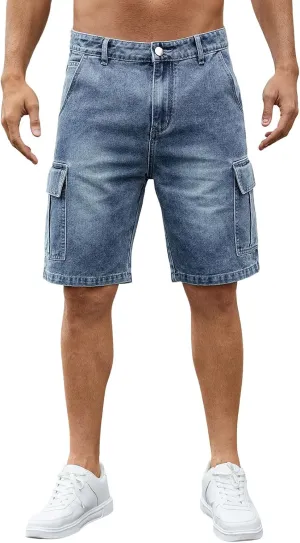 LONGBIDA Men's Loose Fit Denim Cargo Shorts with Multi Pockets