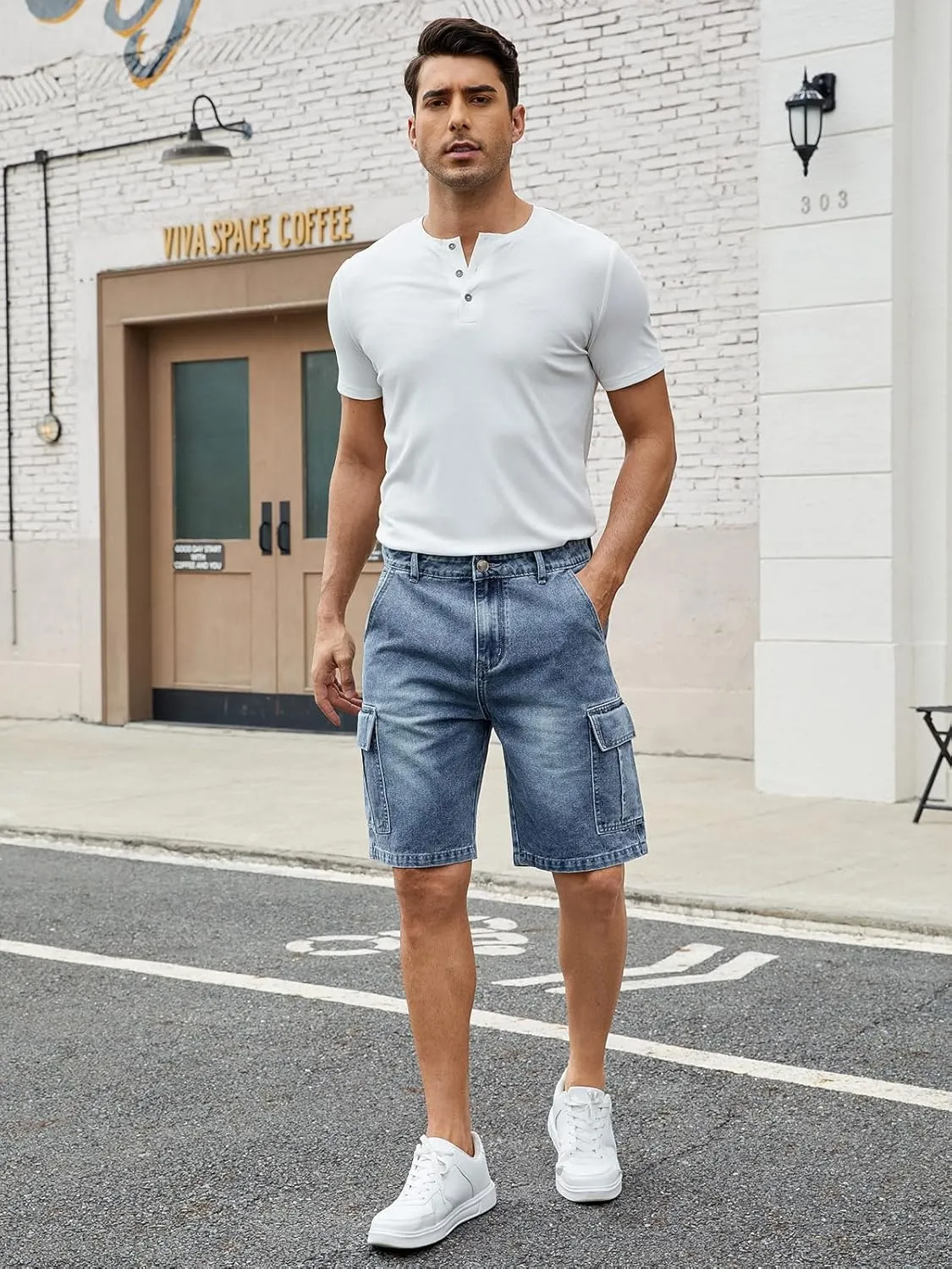 LONGBIDA Men's Loose Fit Denim Cargo Shorts with Multi Pockets