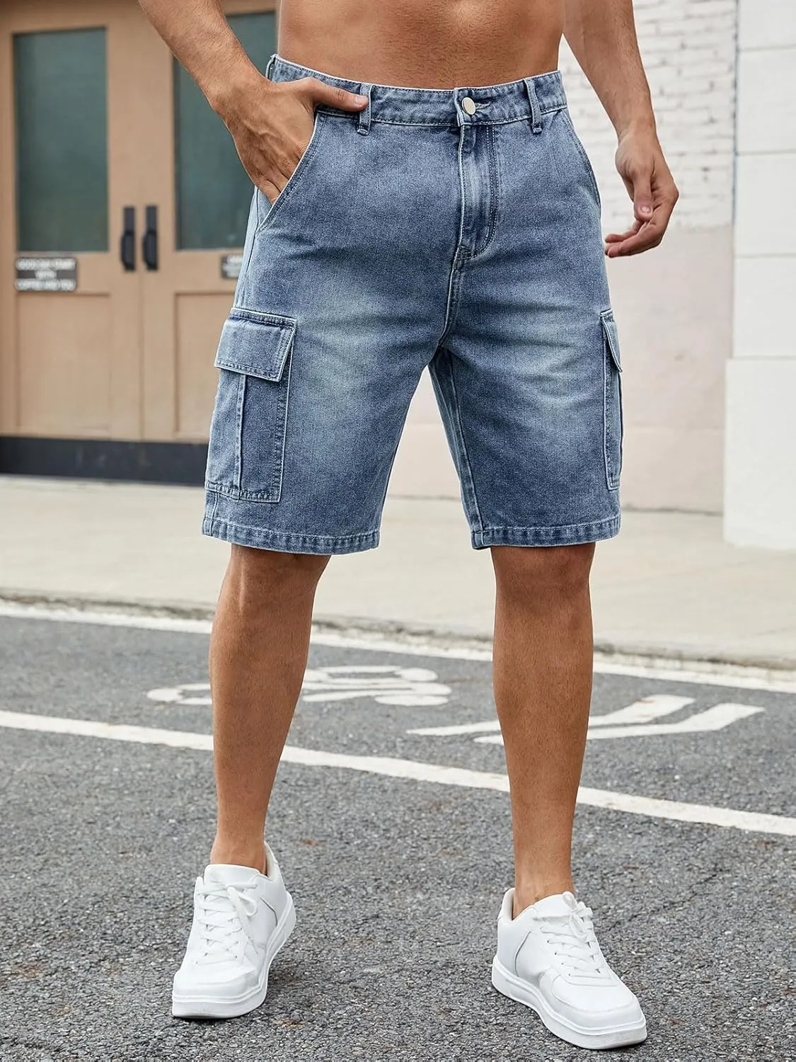 LONGBIDA Men's Loose Fit Denim Cargo Shorts with Multi Pockets