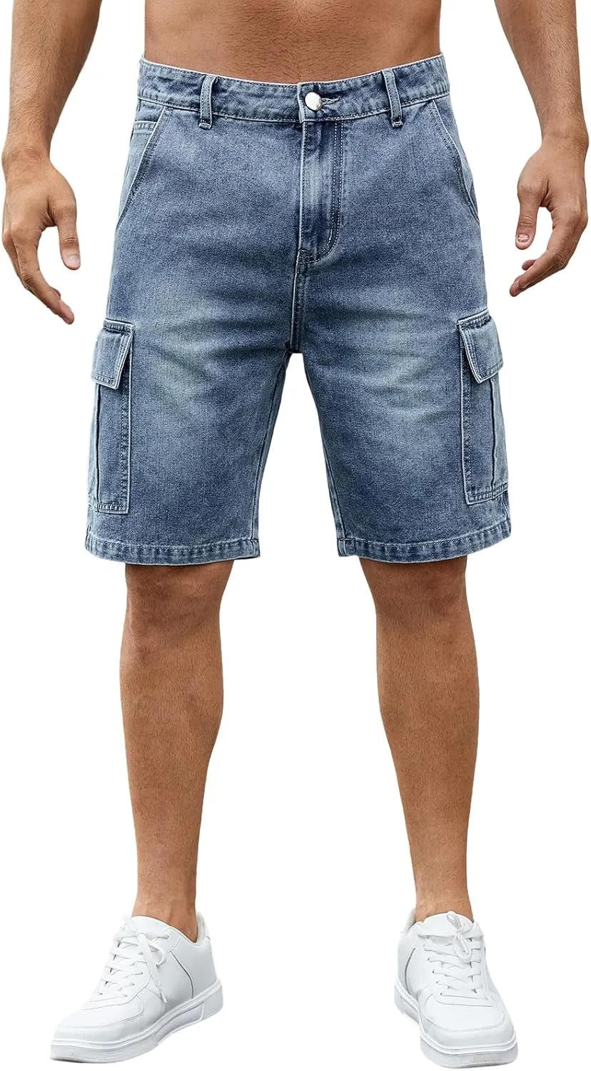 LONGBIDA Men's Loose Fit Denim Cargo Shorts with Multi Pockets
