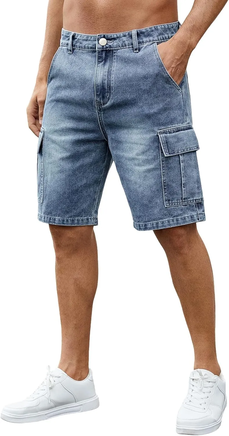 LONGBIDA Men's Loose Fit Denim Cargo Shorts with Multi Pockets