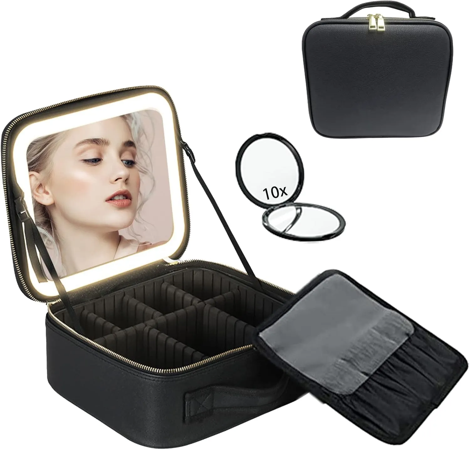 Longzhuo Travel Makeup Bag with Lighted Mirror, Waterproof Makeup Train Case with Adjustable Dividers Makeup Case, 3 Color Adjustable Brightness Makeup Organizer Bag  10x Magnifying Mirror