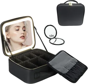 Longzhuo Travel Makeup Bag with Lighted Mirror, Waterproof Makeup Train Case with Adjustable Dividers Makeup Case, 3 Color Adjustable Brightness Makeup Organizer Bag  10x Magnifying Mirror