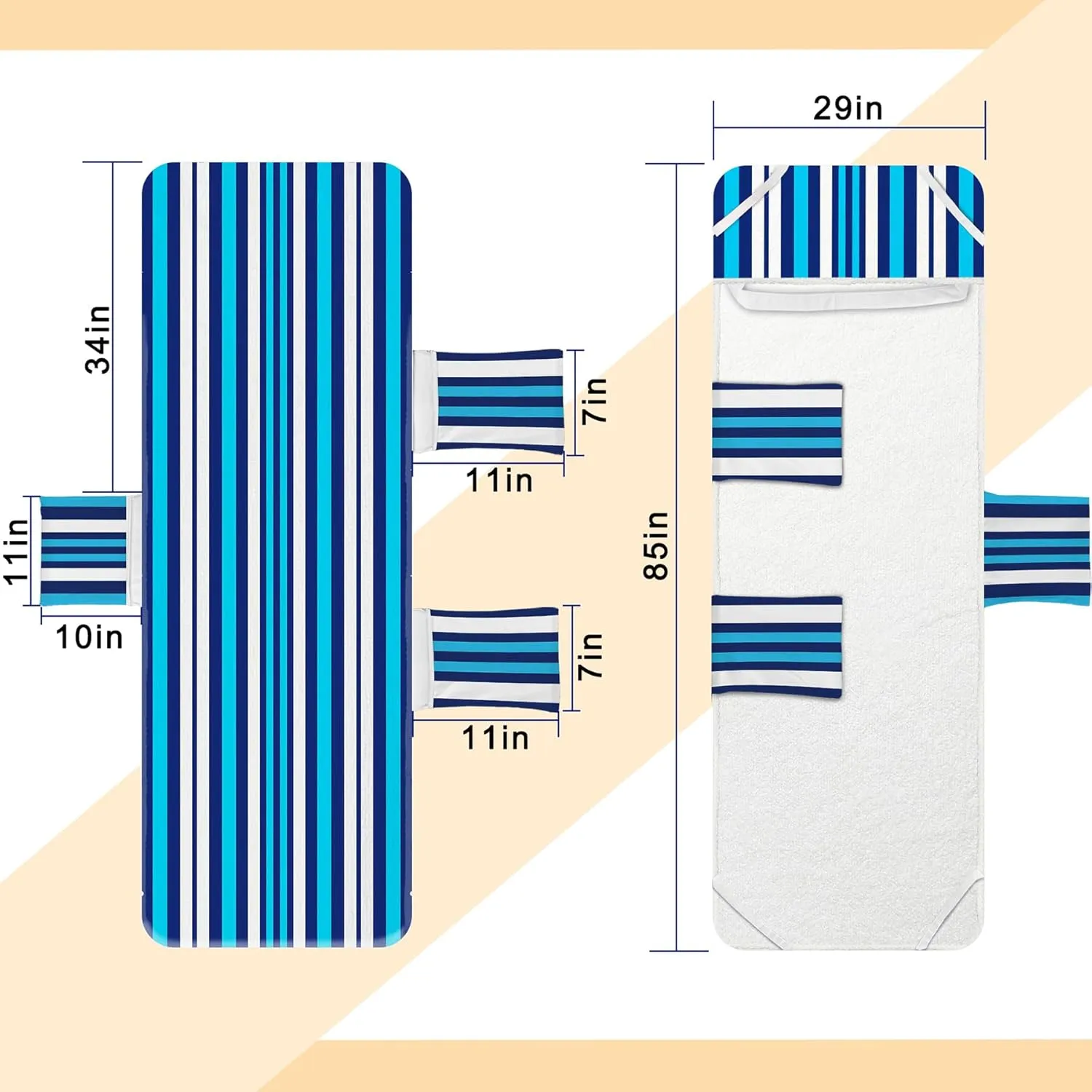 Lounge Chair Towel Cover, Striped Chaise Lounge Cover, Beach Chair Covers with Pockets for Pool Sunbathing Beach Garden Courtyard Outdoor Trips, 85 x30 in, White and Blue