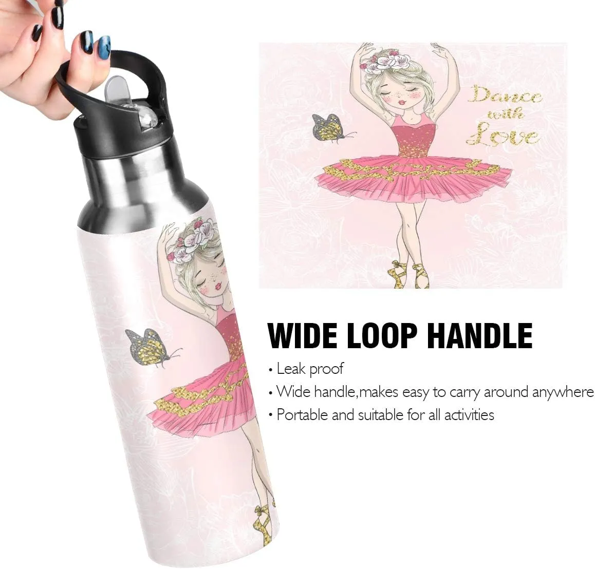 Lovely Ballerina Girl Sports Water Bottle, 22 Oz BPA Free Non-Toxic Stainless Steel Water Bottle with Straw for Gym Yoga Fitness Camping
