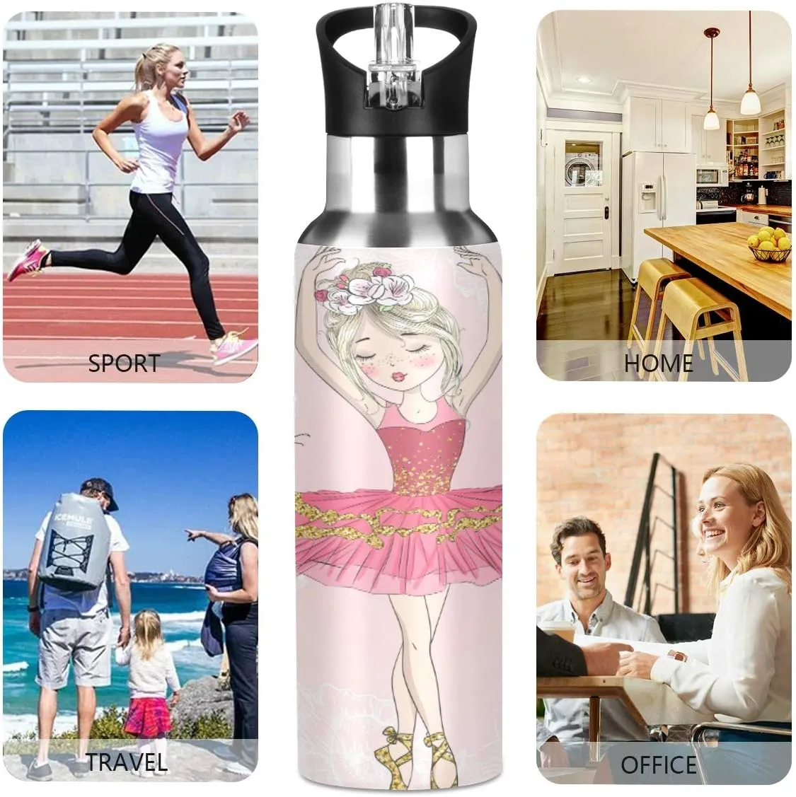Lovely Ballerina Girl Sports Water Bottle, 22 Oz BPA Free Non-Toxic Stainless Steel Water Bottle with Straw for Gym Yoga Fitness Camping