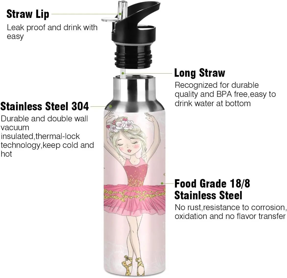 Lovely Ballerina Girl Sports Water Bottle, 22 Oz BPA Free Non-Toxic Stainless Steel Water Bottle with Straw for Gym Yoga Fitness Camping