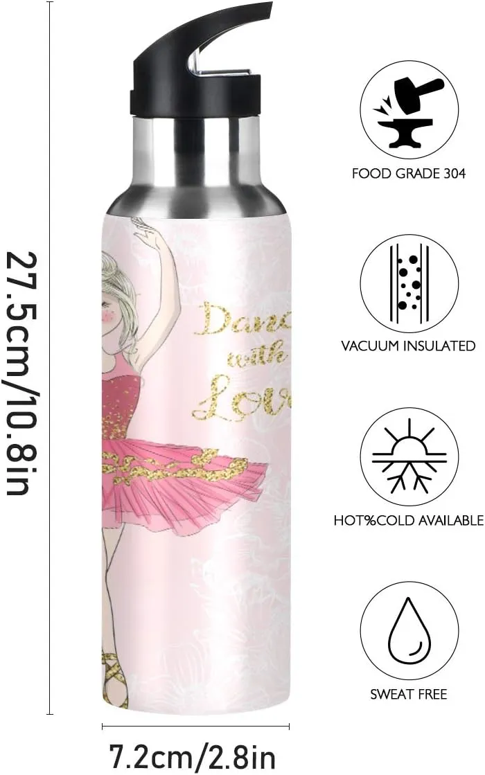 Lovely Ballerina Girl Sports Water Bottle, 22 Oz BPA Free Non-Toxic Stainless Steel Water Bottle with Straw for Gym Yoga Fitness Camping