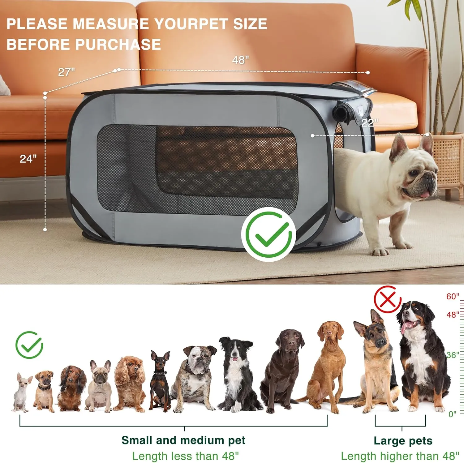 Love's cabin 44in Portable Large Dog Bed - Pop Up Dog Kennel, Indoor Outdoor Crate for Pets, Portable Car Seat Kennel, Cat Bed Collection, Grey