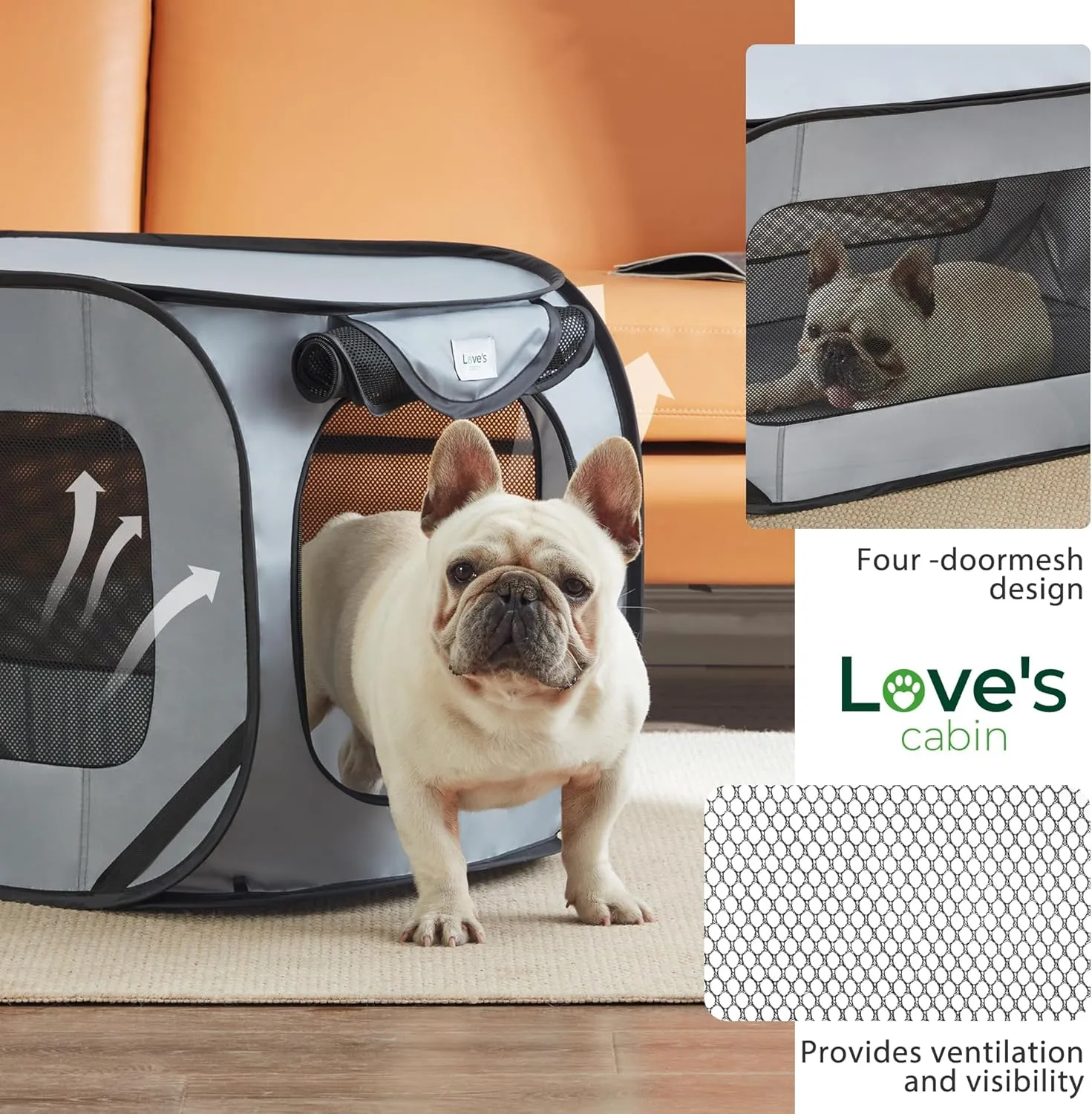 Love's cabin 44in Portable Large Dog Bed - Pop Up Dog Kennel, Indoor Outdoor Crate for Pets, Portable Car Seat Kennel, Cat Bed Collection, Grey