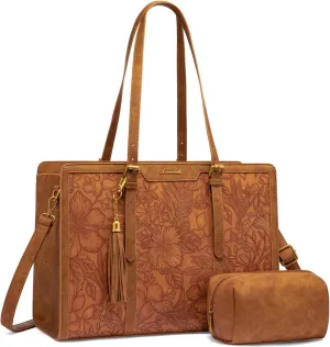 LOVEVOOK 17.3 Inch Laptop Bag for Women,Vintage Leather Work Tote with Clutch Purse, Large Capacity Computer Bag for Office, Travel & Casual Use