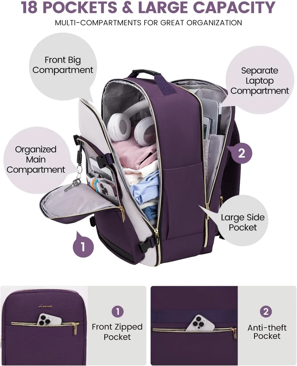 LOVEVOOK 40L Carry on Backpack for Women with 3 Packing Cubes, Large Travel Backpack for Airplanes, TSA Personal Item Travel Bag fits 17" Laptop, Waterproof Travel Essentials Airline Approved