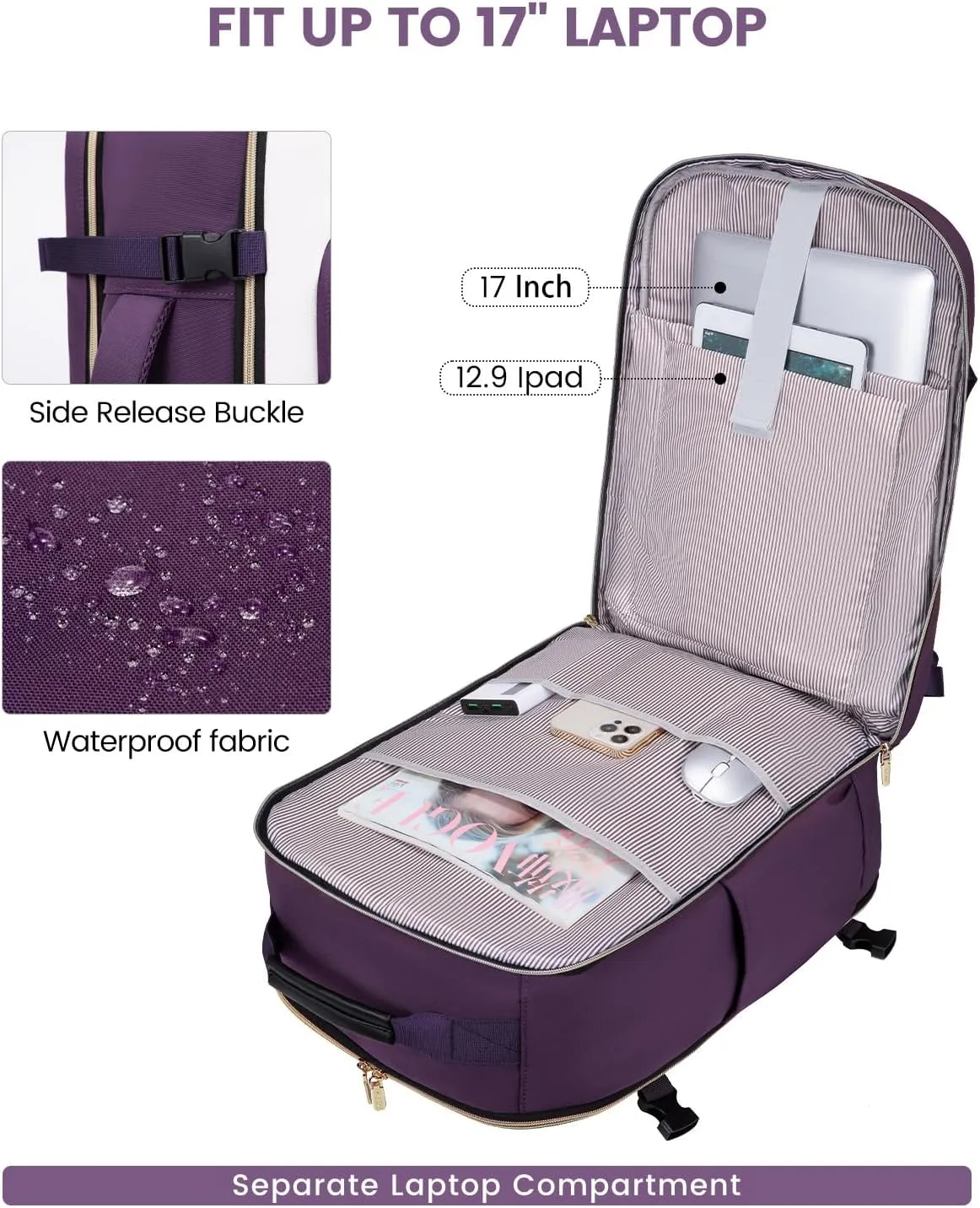 LOVEVOOK 40L Carry on Backpack for Women with 3 Packing Cubes, Large Travel Backpack for Airplanes, TSA Personal Item Travel Bag fits 17" Laptop, Waterproof Travel Essentials Airline Approved