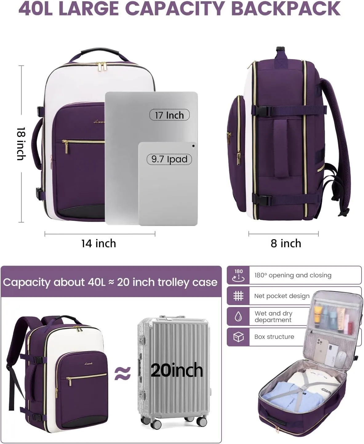 LOVEVOOK 40L Carry on Backpack for Women with 3 Packing Cubes, Large Travel Backpack for Airplanes, TSA Personal Item Travel Bag fits 17" Laptop, Waterproof Travel Essentials Airline Approved