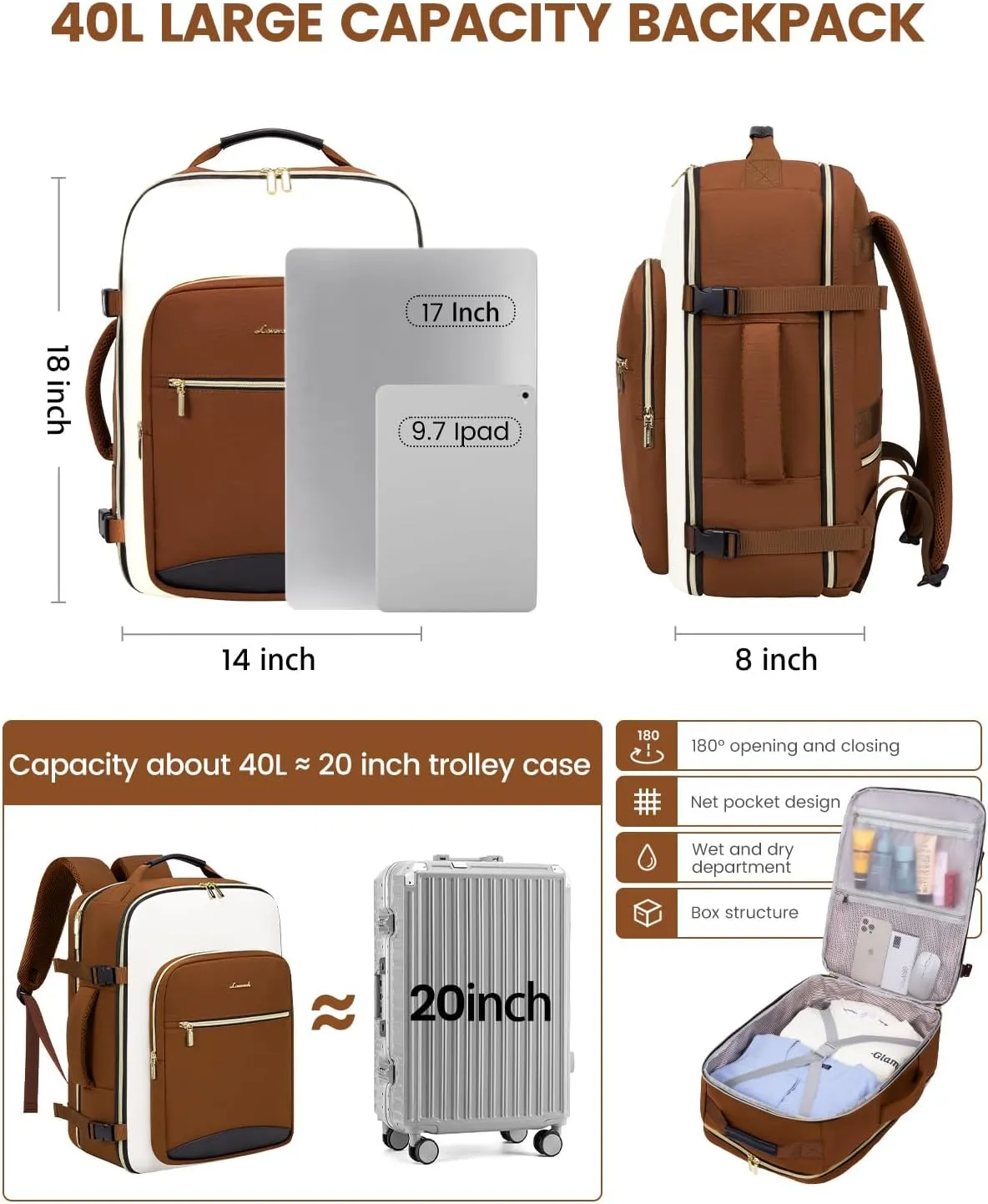 LOVEVOOK 40L Travel Backpack for Women & Men, Large Carry on Backpack for Airplanes with 3 Packing Cubes, TSA Personal Item Travel Bag fits 17" Laptop, Waterproof Travel Essentials Airline Approved