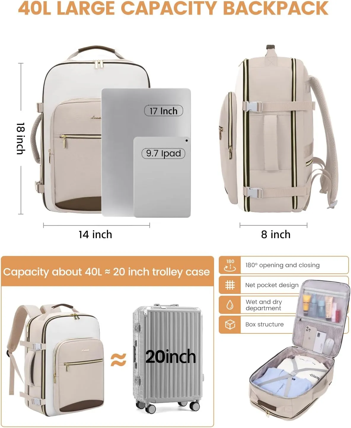 LOVEVOOK 40L Travel Backpack for Women & Men, Large Carry on Backpack for Airplanes with 3 Packing Cubes, TSA Personal Item Travel Bag fits 17" Laptop, Waterproof Weekender Essentials Airline Approved