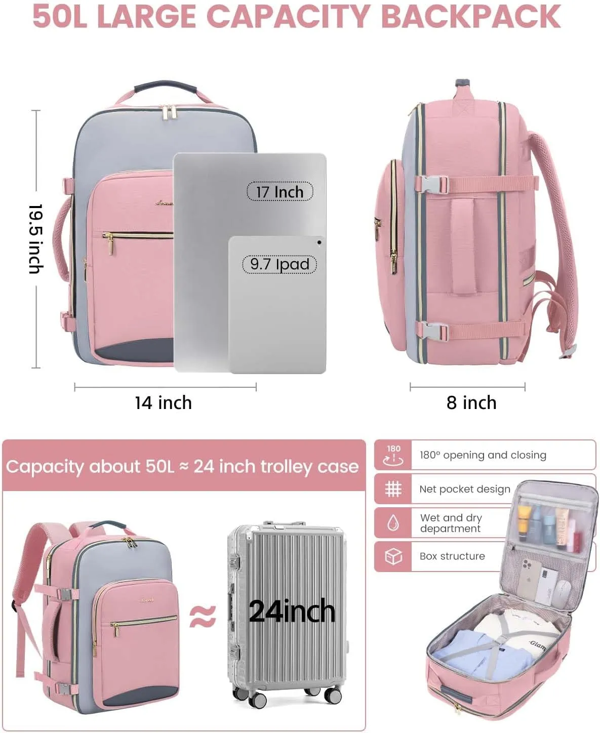 LOVEVOOK 50L Carry on Backpack for Women & Men with 3 Packing Cubes, Large Travel Backpack for Airplanes, TSA Personal Item Travel Bag with Laptop Pocket, Travels Essentials Airline Approved