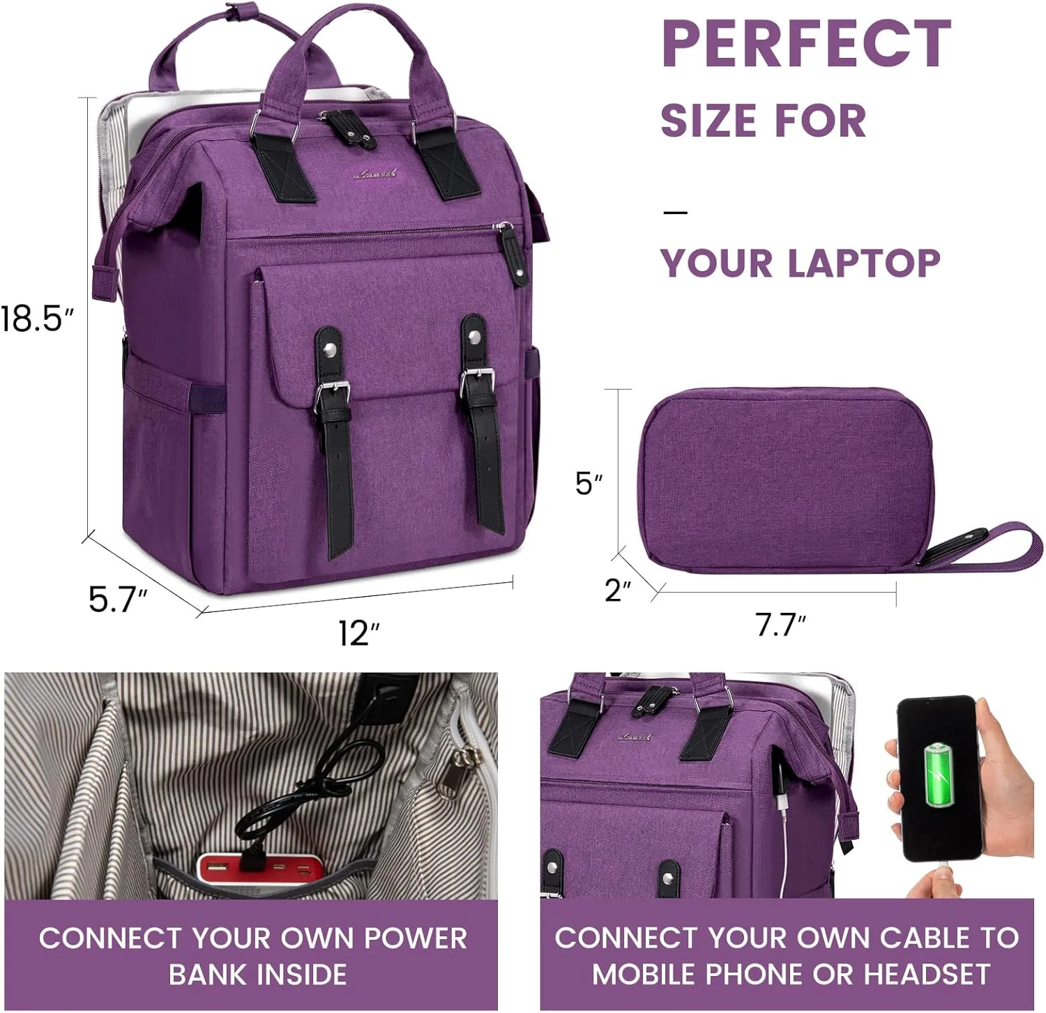 LOVEVOOK Laptop Backpack, Travel Bag with 17.3 inch Laptop Compartment, Water Resistant Teacher Nurse Doctor Work Bag, Anti-theft Daypack, Purple Black