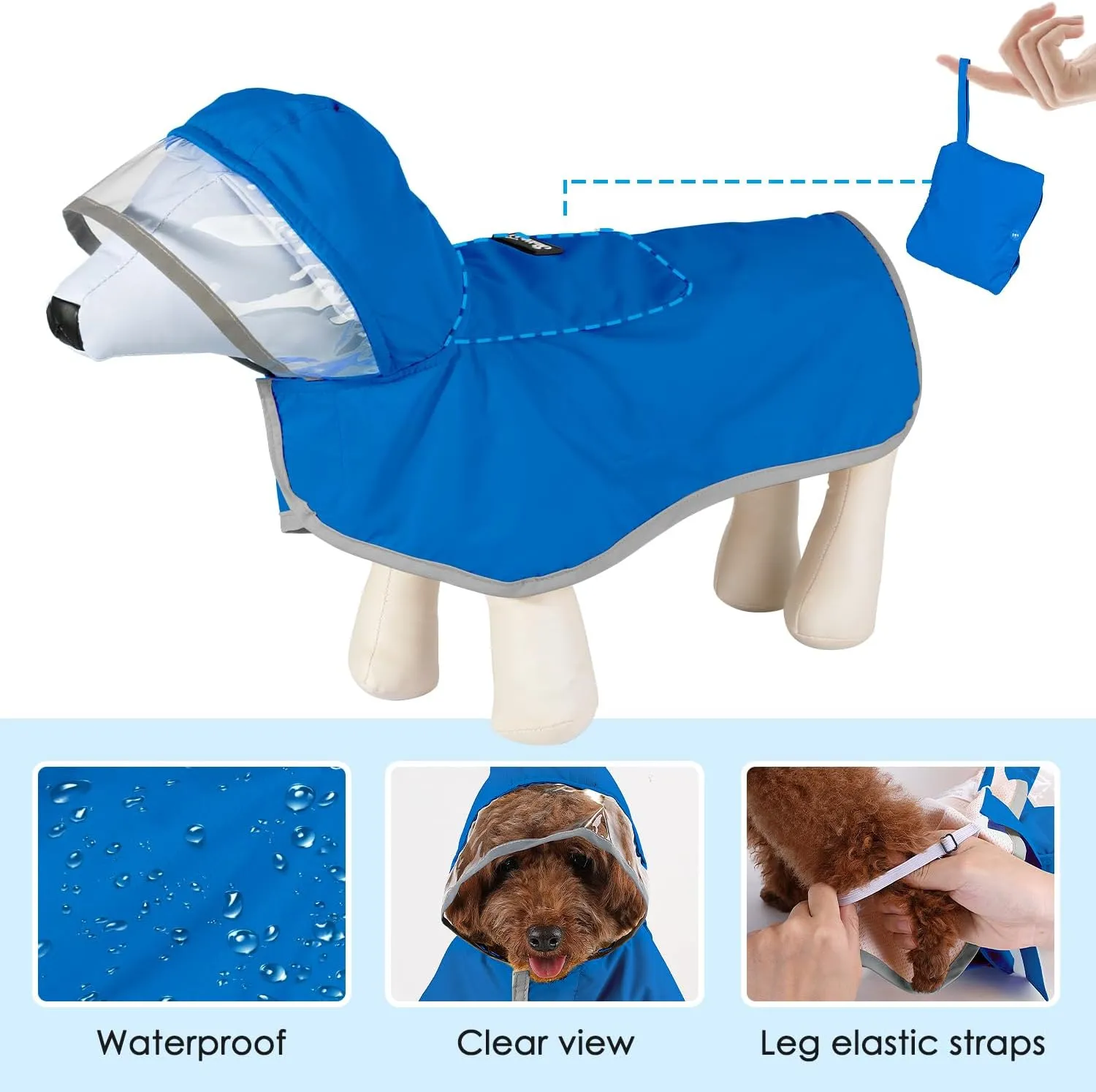 Lukovee Dog Raincoat, Adjustable Dog Rain Jacket with Clear Hooded Double Layer for Large Medium Small Dogs Puppies, Waterproof Rain Coat Poncho with Reflective Storage Pocket & Rim(BL,XL)